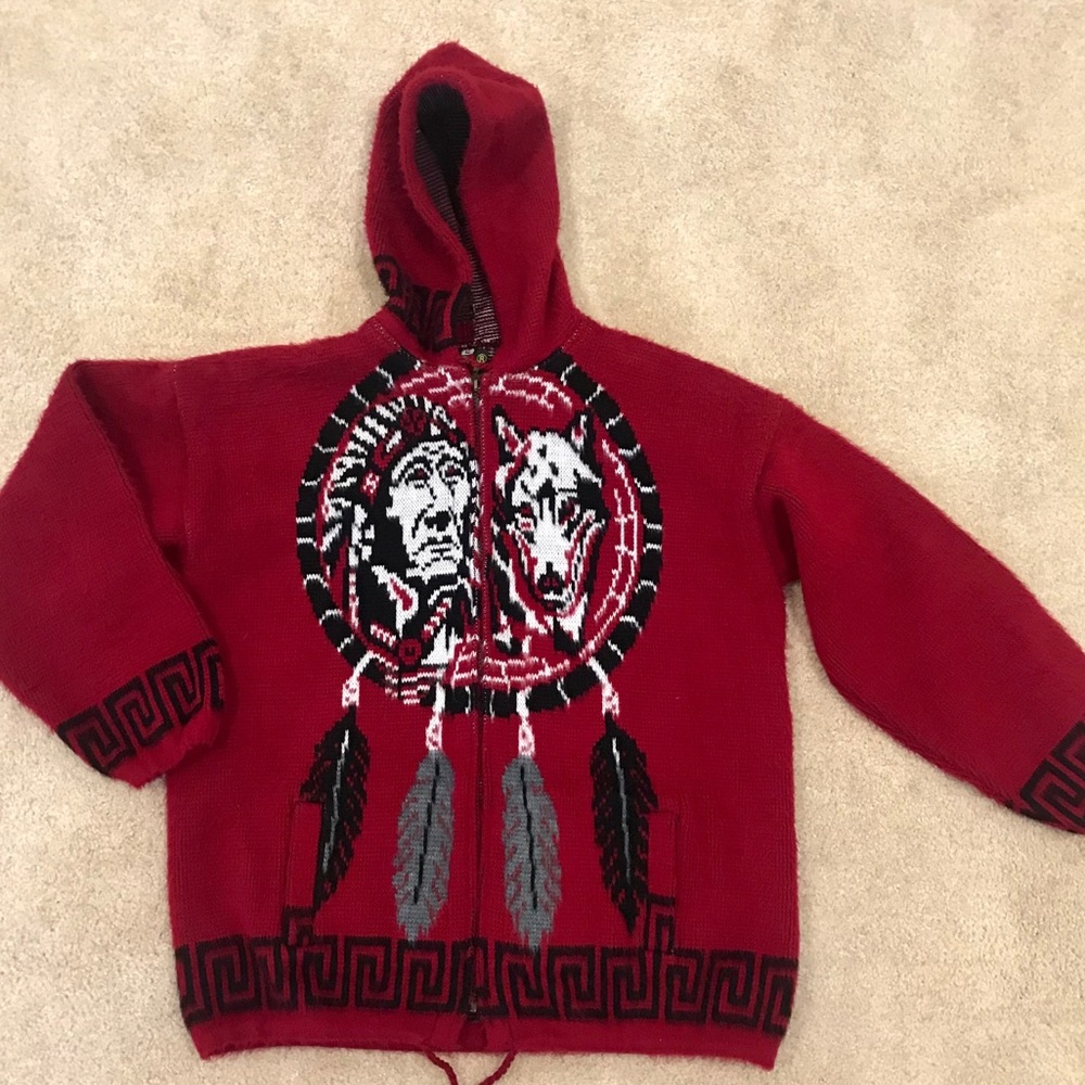 Ruminahui red wool hand woven Indian wolf sweater